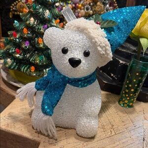 Festive Polar Bear with Blue Scarf and Hat